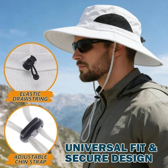 Unisex White 100% Polyester Wide Brim Mesh Vents With Chin Strap Fishing Sun Hat - Picture 4 of 7